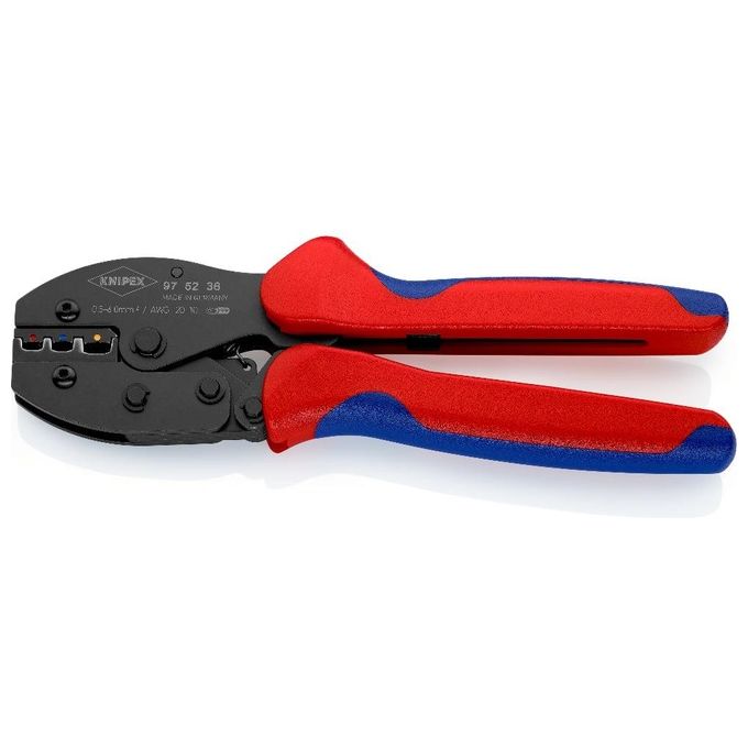 KNIPEX 97 52 36 PreciForce Pinza Crimpatrice per Terminali Isolati 0,5-6 mm² 3 Zone di Crimpatura con Leva Articolata e Blocco di Sicurezza Sbloccabile colore Rosso-Blu