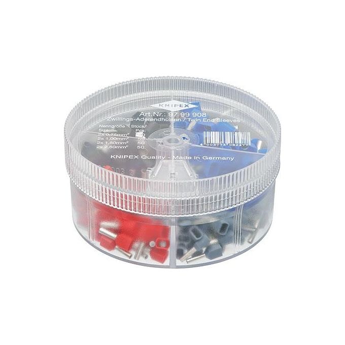Knipex 97 99 908 Scatola Assortimento Terminali a Bussola Twin Preisolati 4 varianti 90x44 mm colore Nero Blu Rosso Argento Giallo Knipex 97 99 908 Scatola Assortimento Terminali a Bussola Twin Preisolati 4 varianti 90x44 mm colore Nero Blu Rosso Argento Giallo