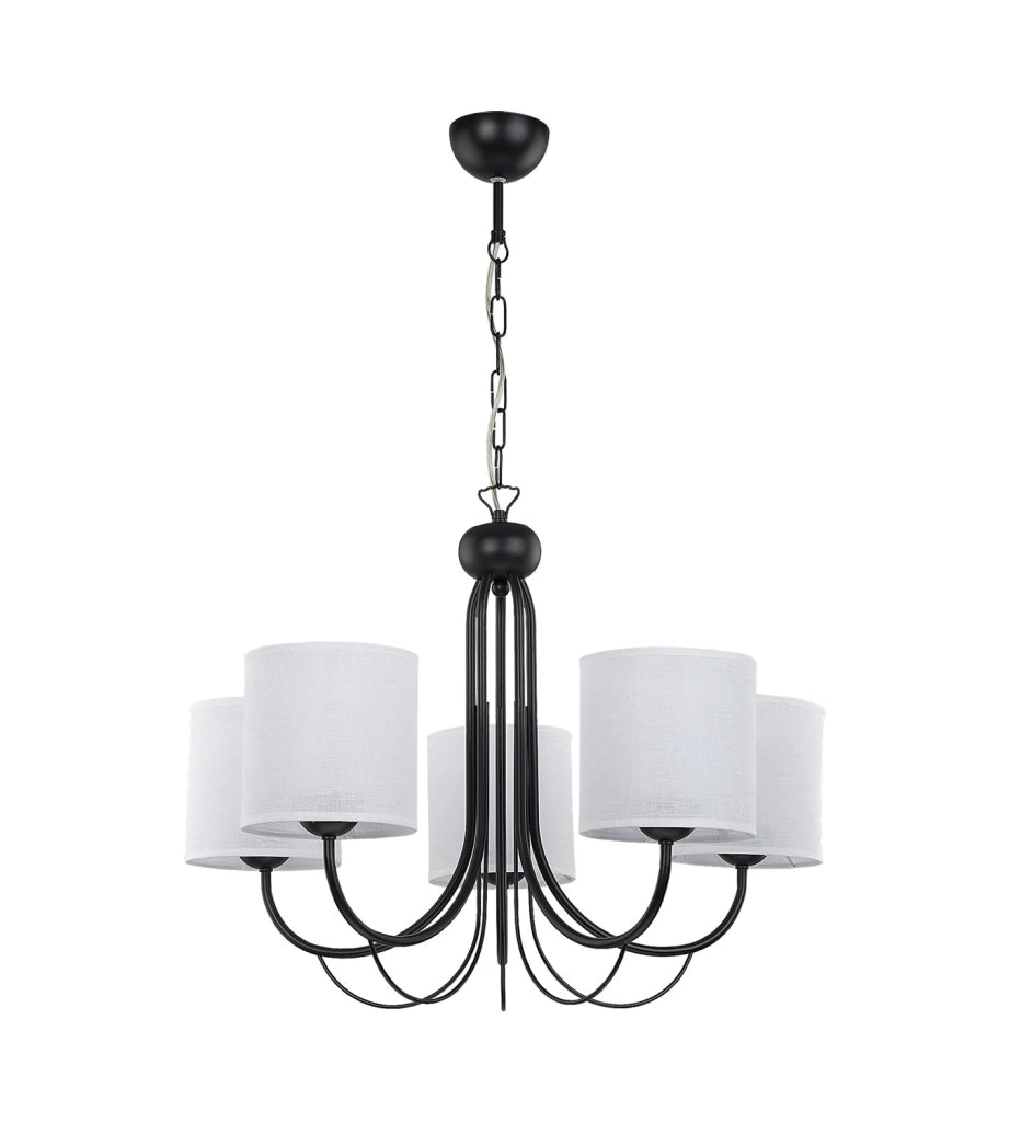 Lampadario 5 luci nero con paralumi bianchi E27 Jupiter Lampadario 5 luci nero con paralumi bianchi E27 Jupiter