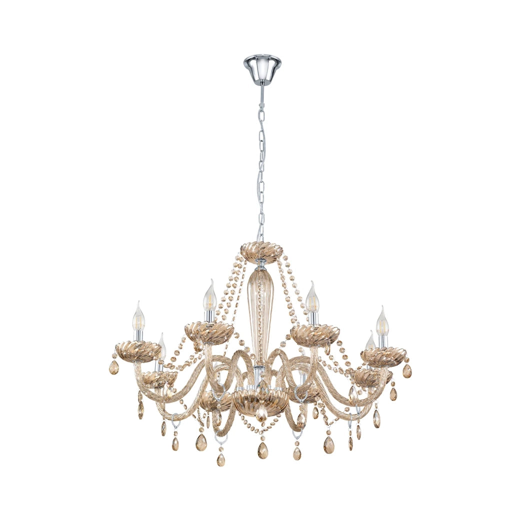 Lampadario A Sospensione Classico Basilano Acciaio Cromo Vetro 8 Luci E14 Lampadario A Sospensione Classico Basilano Acciaio Cromo Vetro 8 Luci E14