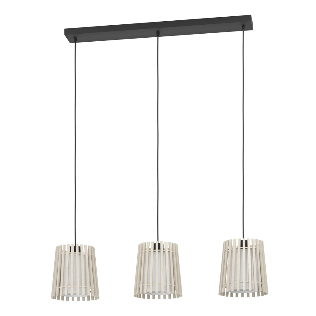 Lampadario A Sospensione Contemporaneo Fattoria Acciaio Nero Legno 3 Luci E27