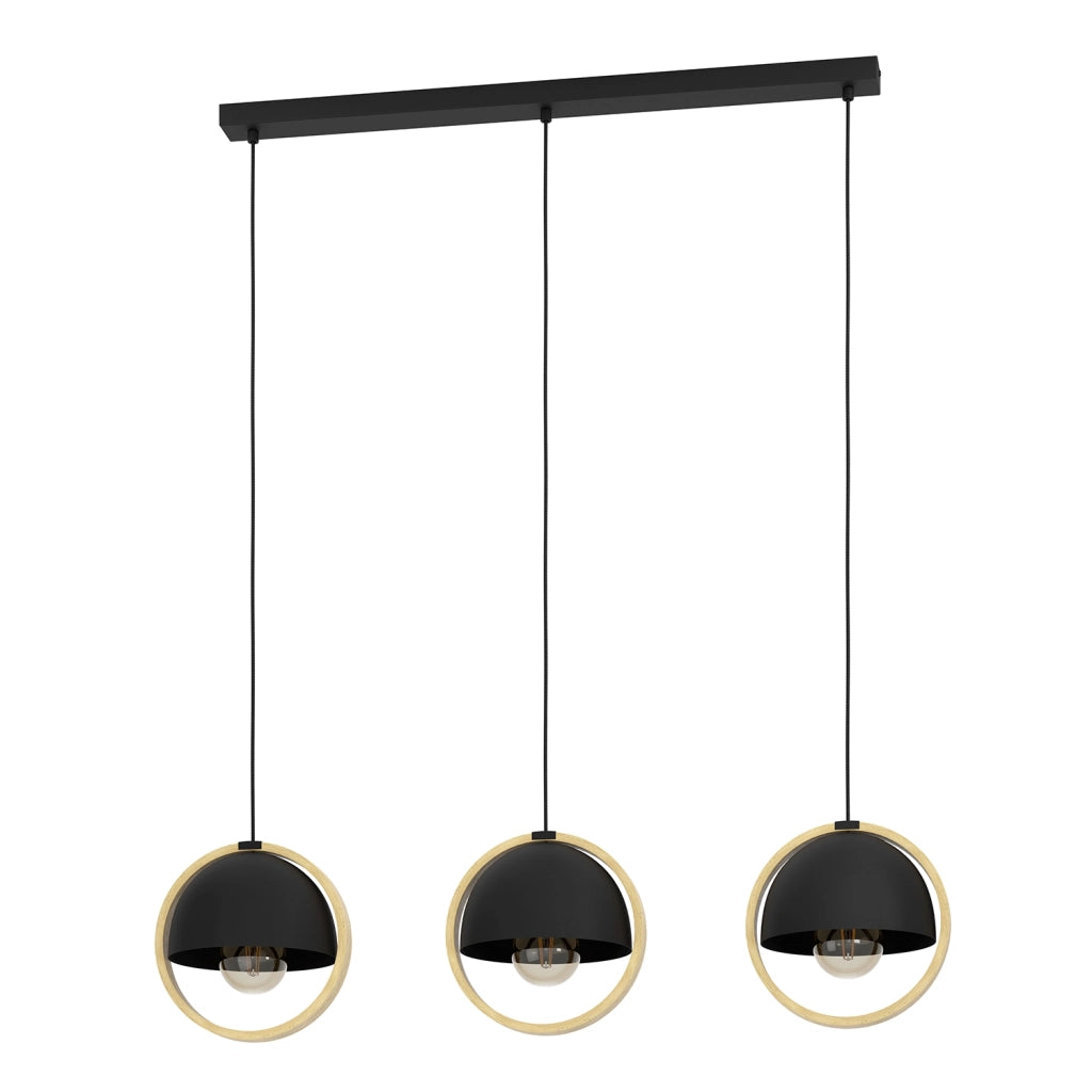 Lampadario A Sospensione Vintage Callow Acciaio Nero Legno 3 Luci E27