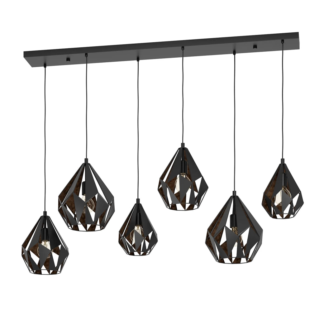 Lampadario A Sospensione Vintage Carlton 1 Acciaio Nero Rame 6 Luci E27