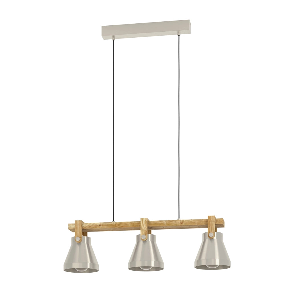 Lampadario A Sospensione Vintage Cawton Acciaio Legno 3 Luci E27
