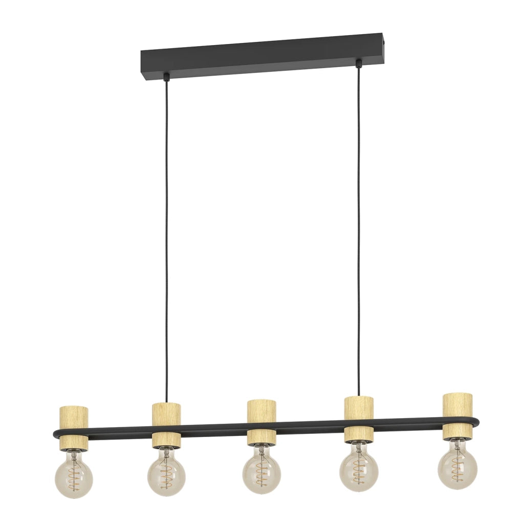 Lampadario A Sospensione Vintage Chieveley Acciaio Nero Legno 5 Luci E27