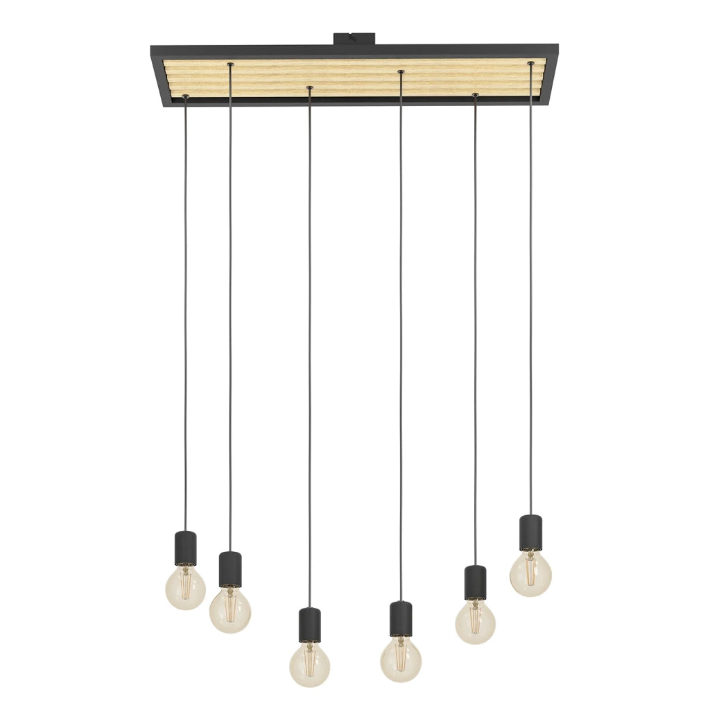 Lampadario A Sospensione Vintage Consett Acciaio Nero Legno 6 Luci E27