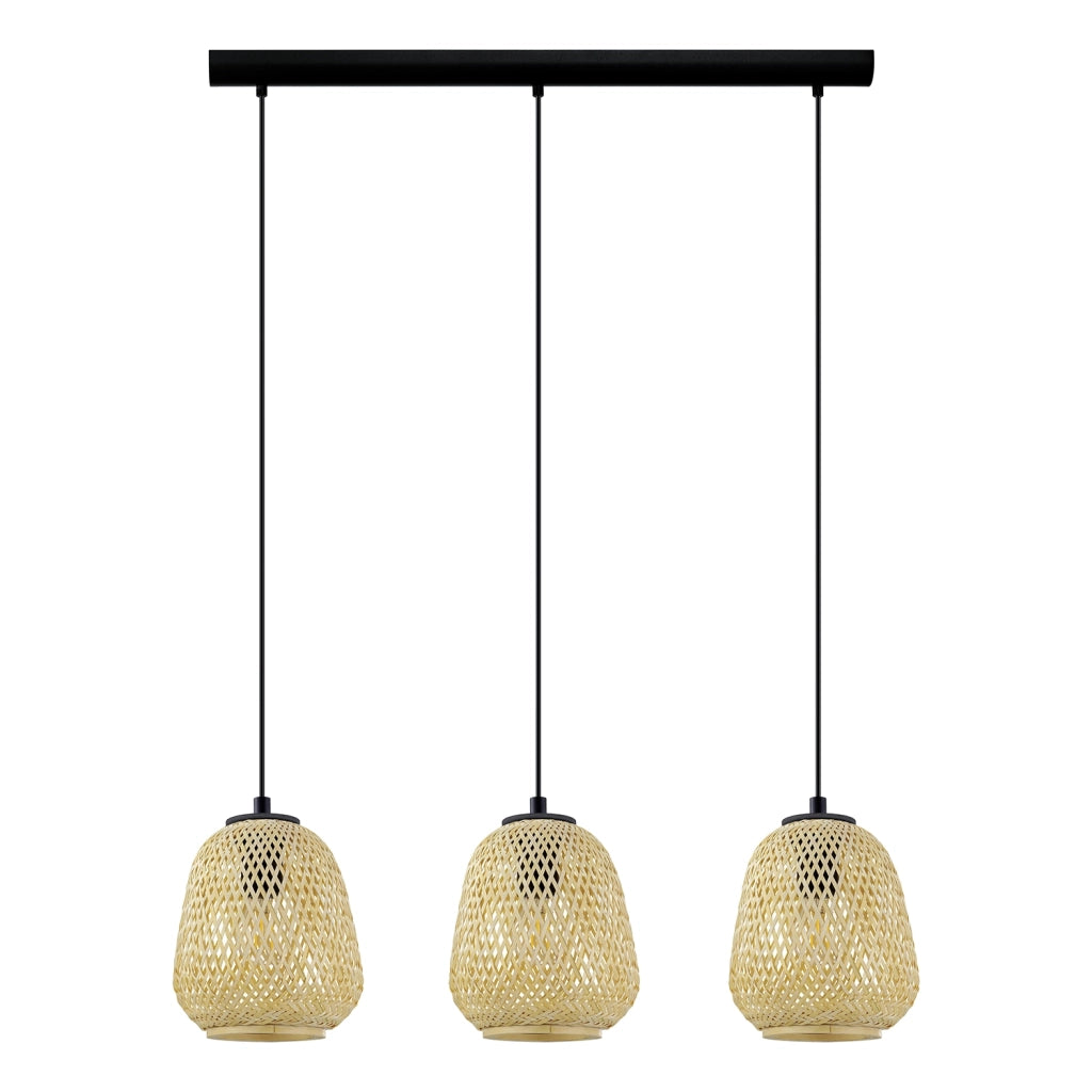 Lampadario A Sospensione Vintage Dembleby Acciaio Nero Legno 3 Luci E27