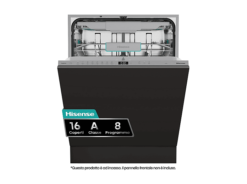 LAVASTOVIGLIE INCASSO Incasso built-in (BI) HISENSE HV16A, Programmi 8, Dimensioni: L 59,8 cm, A 81,6 P 55,5 Rumorosità 43 dB(A), Consumo di acqua 9,5 l, Bianco, Classe
