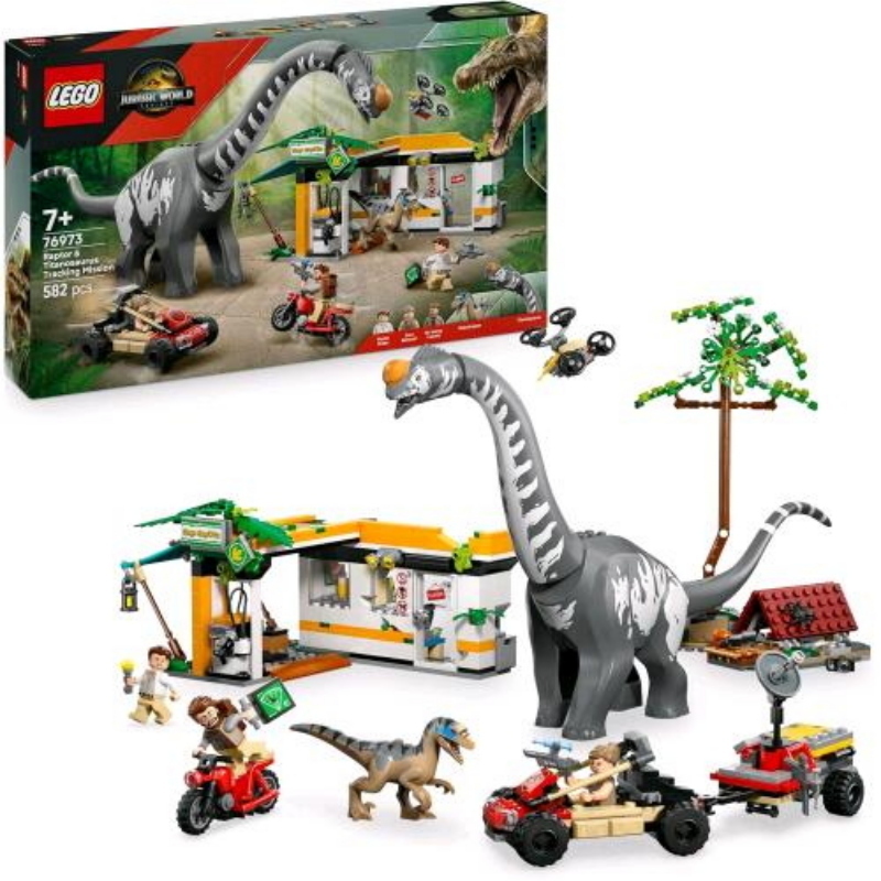 Lego jurassic world alla ricerca del raptor e del titanosauro con 2 2 figure di dinosauro fuoristrada moto e 3 minifigure