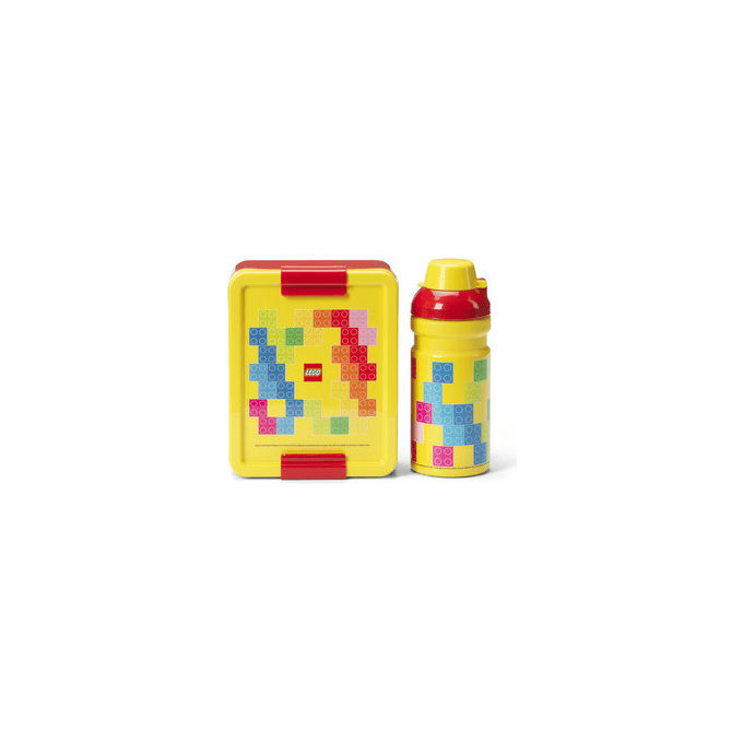Lego set pranzo Brick Art Line, contenitore lunch box e borraccia, design a mattoncini, riutilizzabile, rosso e giallo, per bambini 4+