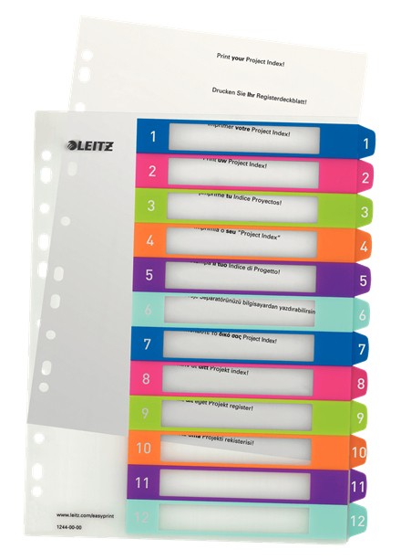 Leitz WOW Indice in plastica stampabile multicolore 12 schede - Multiforo - Formato A4 - Colore traslucido