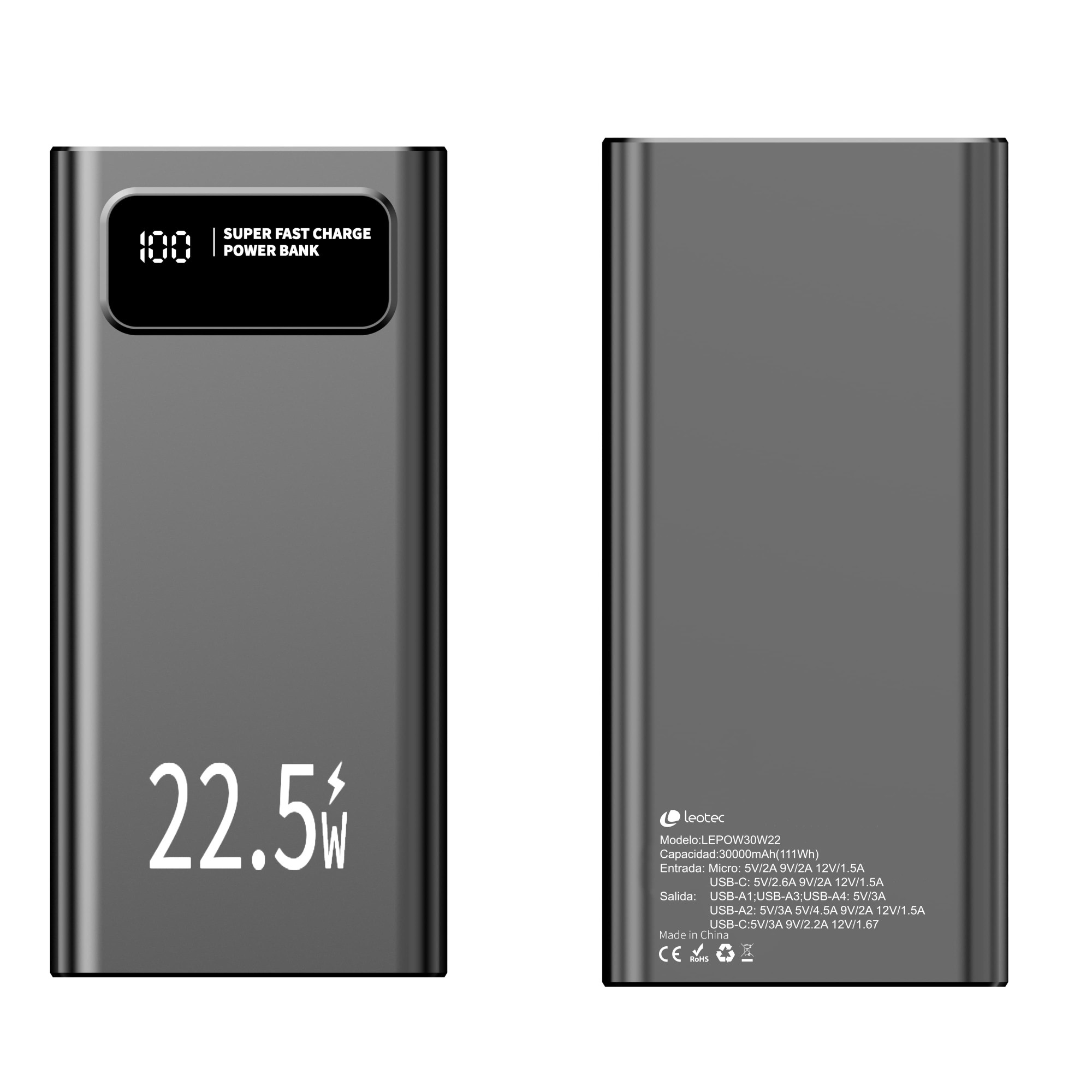 Leotec LEPOW30W22K batteria portatile Polimeri di litio (LiPo) 30000 mAh Nero