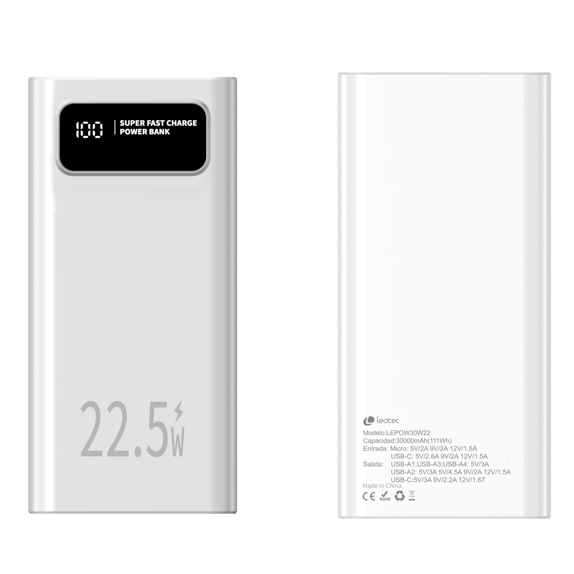 Leotec LEPOW30W22W batteria portatile Polimeri di litio (LiPo) 30000 mAh Bianco