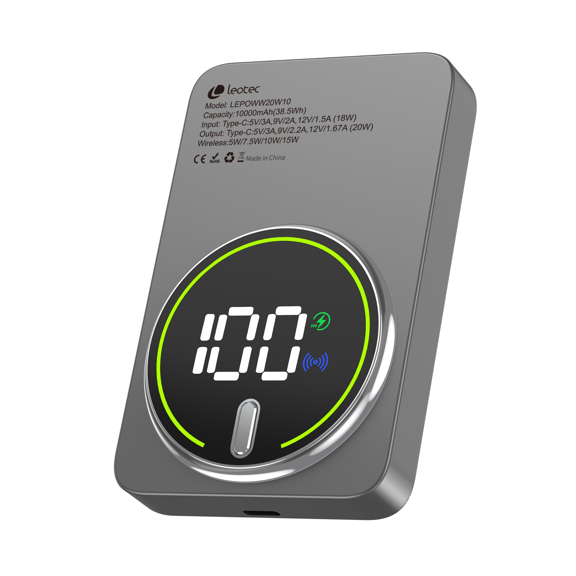 Leotec LEPOWW20W10G batteria portatile Polimeri di litio (LiPo) 10000 mAh Carica wireless Grigio