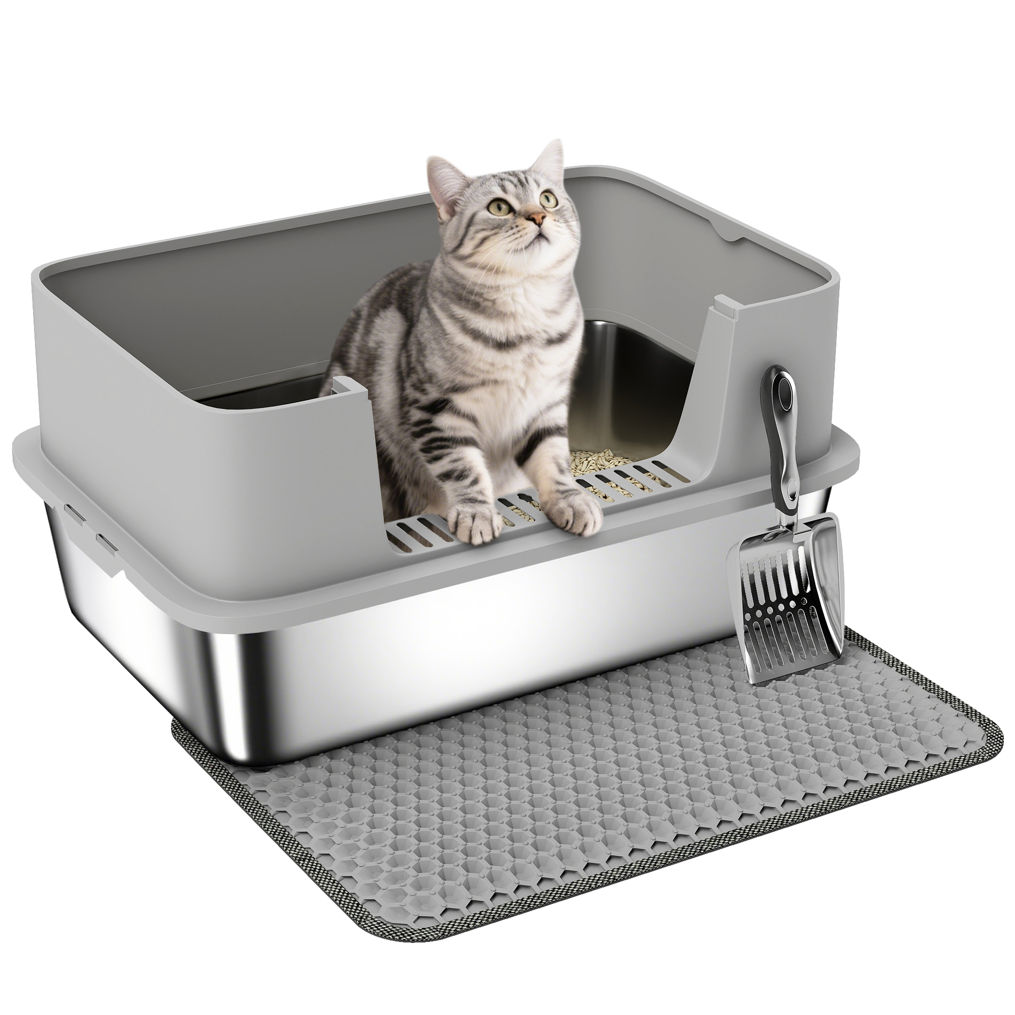 Lettiera PawHut XL in acciaio inossidabile, toilette per gatti di taglia grande, facile da pulire con pareti laterali alte, gradino anti-schizzo, rivestimento in similpelle, 60.2x40.2x29.5 cm, grigio