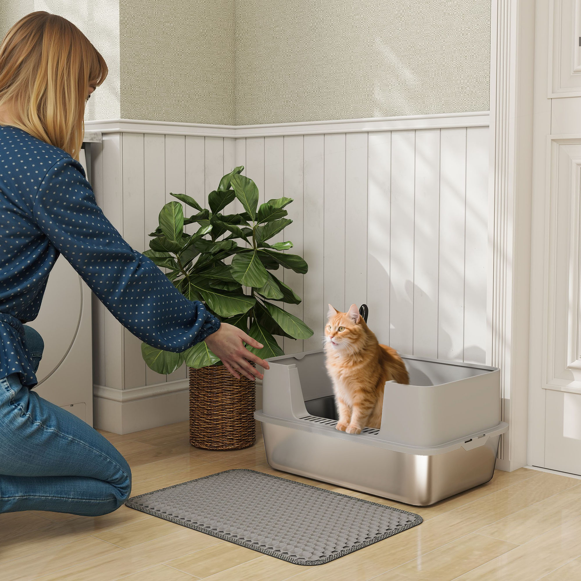 Lettiera per gatti PawHut in acciaio inossidabile, toilette aperta con paletta e tappetino con bordo alto
