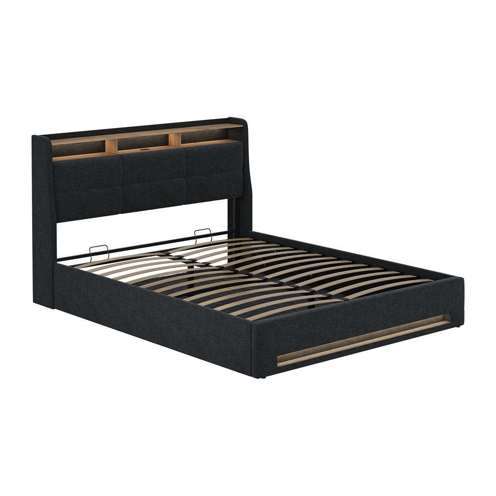 Letto imbottito Christin Antracite/Rovere 160x200 con LED e porta USB Vitalispa