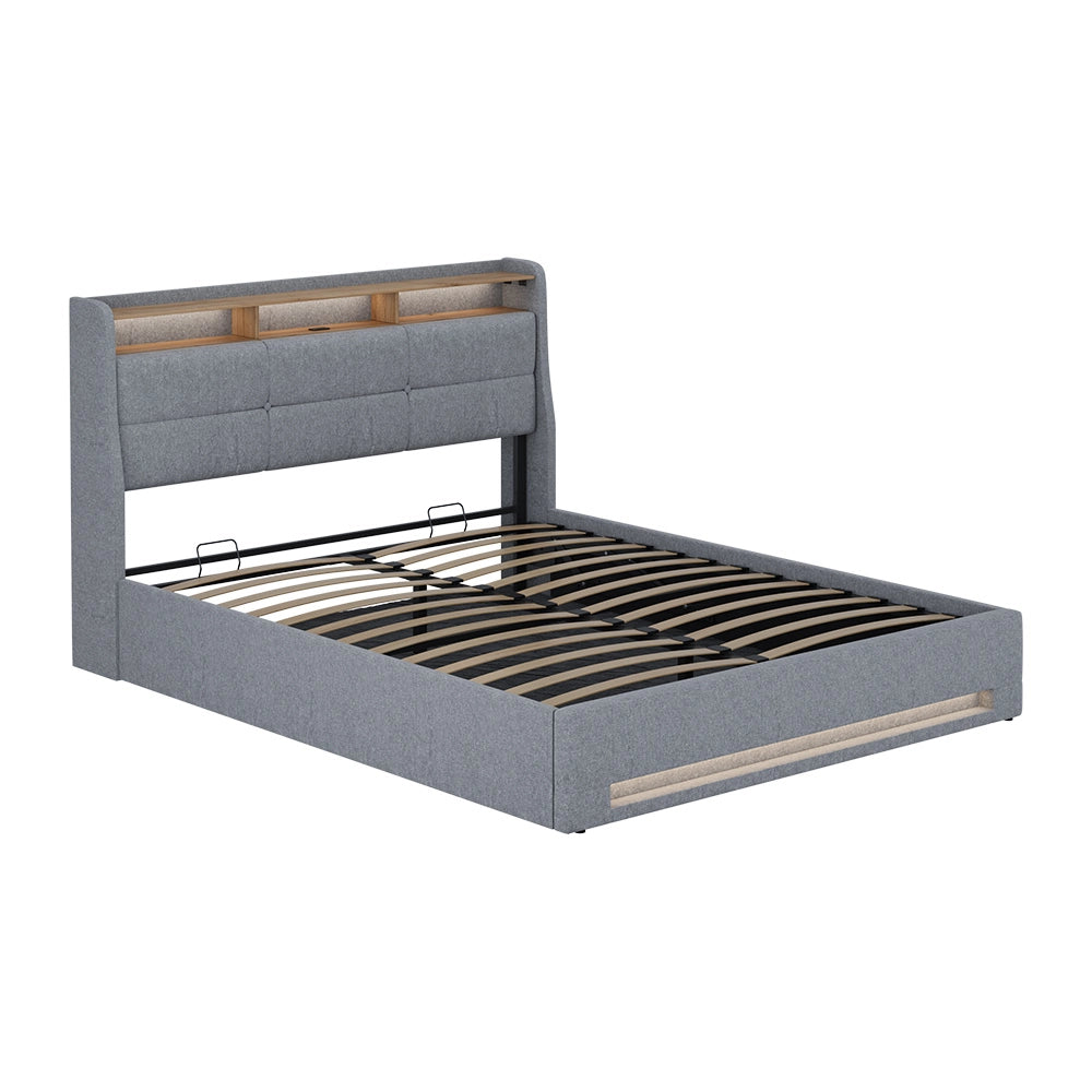 Letto imbottito Christin Grigio/Rovere 160x200 con LED e porta USB Vitalispa