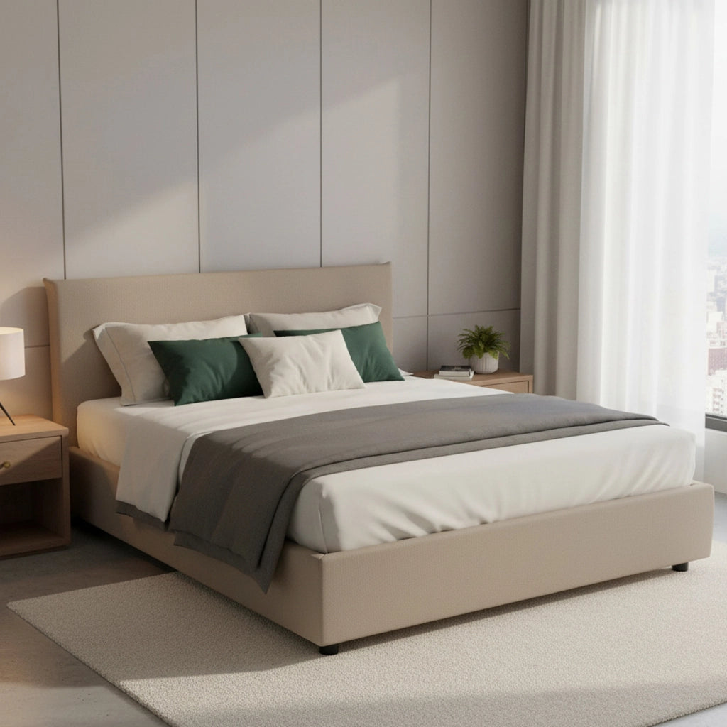 Letto matrimoniale Africa, Letto contenitore con rivestimento in ecopelle, Made in Italy, Apertura frontale, adatto per materasso cm 140x190, Tortora