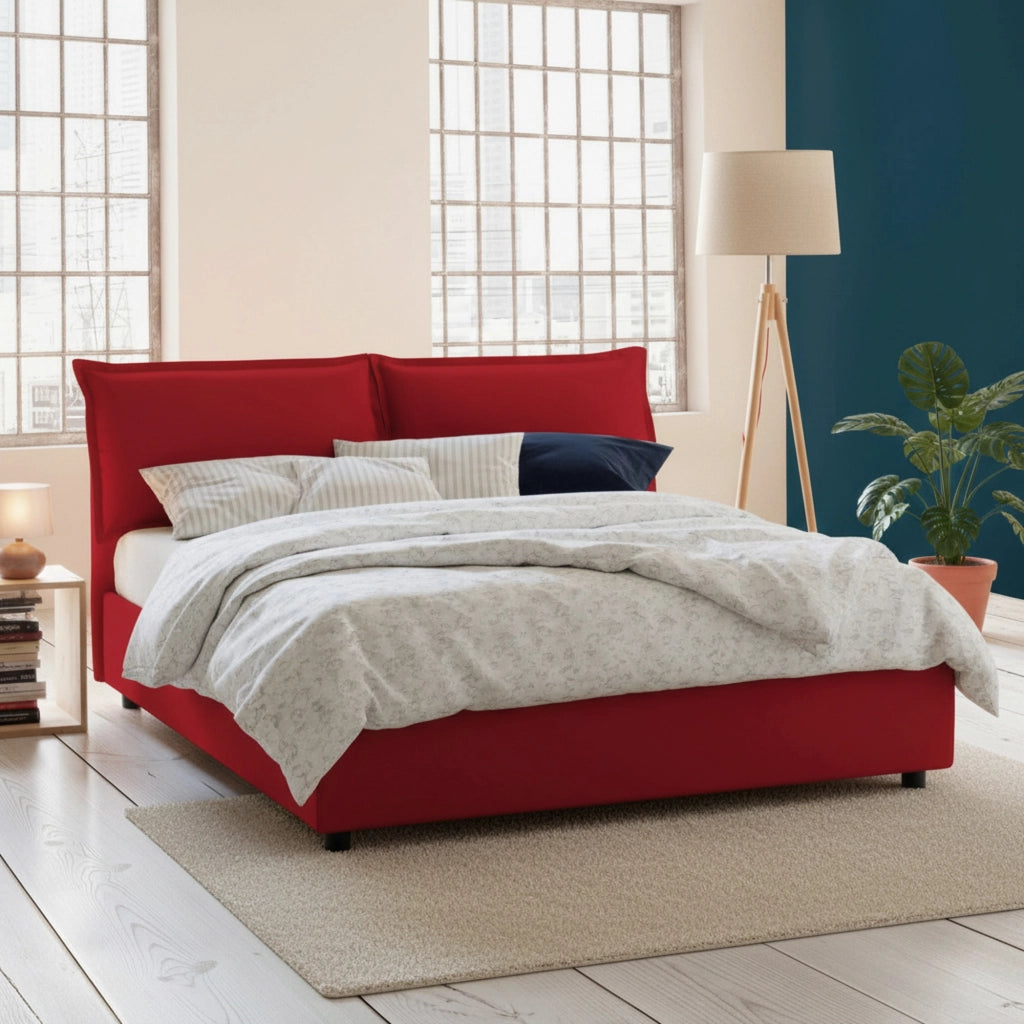 Letto matrimoniale Agalo, Letto contenitore con rivestimento in tessuto, Made in Italy, Apertura frontale, adatto per materasso cm 140x200, Rosso