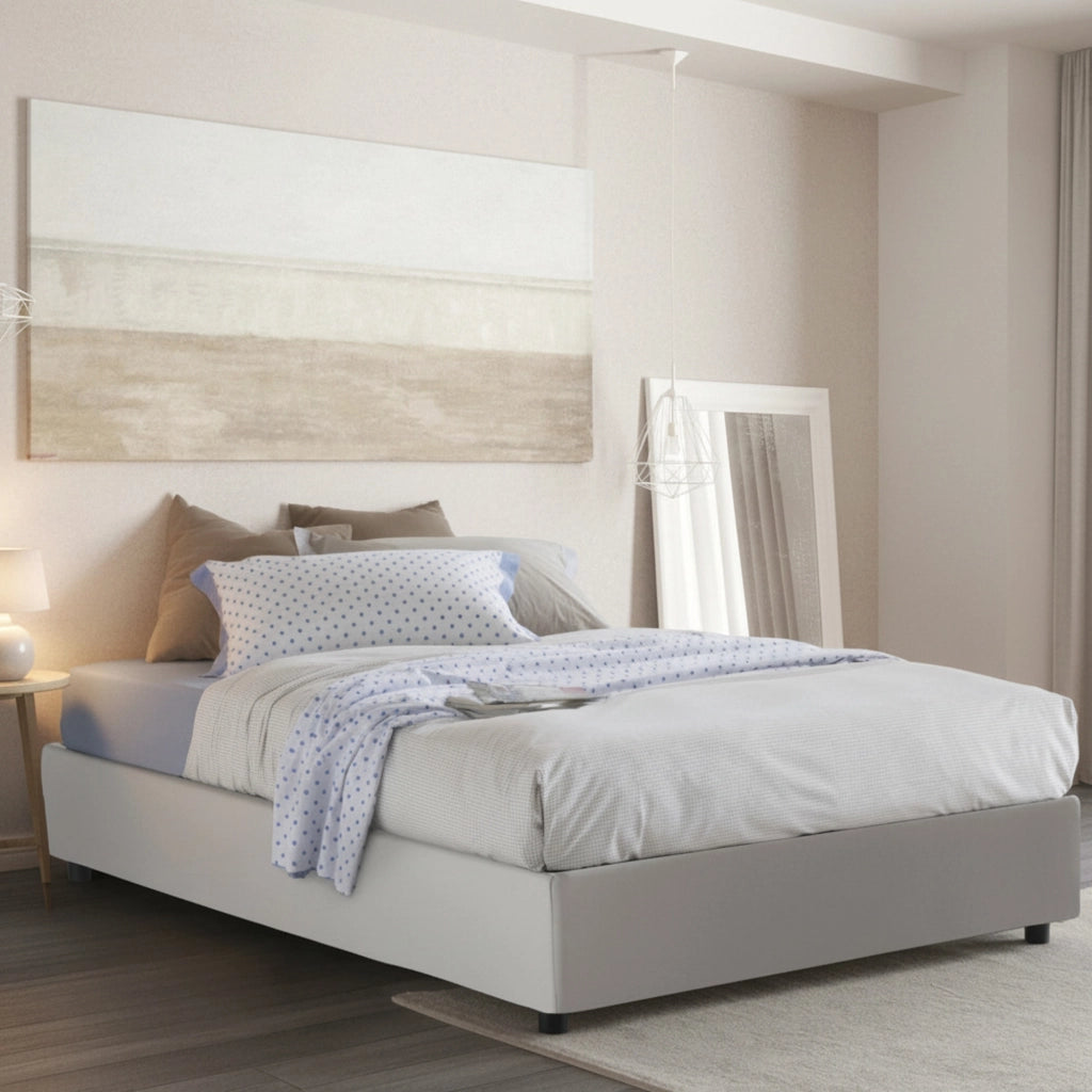 Letto matrimoniale Akemi, Letto contenitore con rivestimento in ecopelle, Made in Italy, Apertura frontale, con materasso cm 140x190 incluso, Bianco