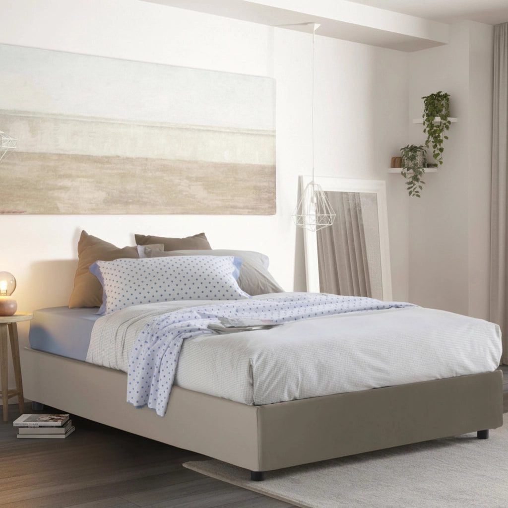 Letto matrimoniale Aladino, Letto contenitore con rivestimento in ecopelle, Made in Italy, Apertura frontale, adatto per materasso cm 140x190, Tortora