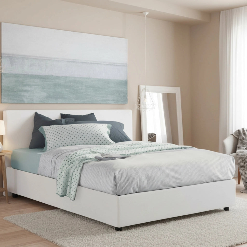 Letto matrimoniale Alaksir, Letto contenitore con rivestimento in tessuto, Made in Italy, Apertura frontale, con materasso cm 140x200 incluso, Bianco