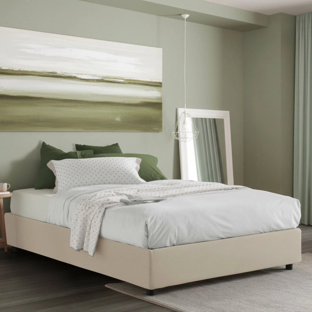 Letto matrimoniale Alaksir, Letto contenitore con rivestimento in tessuto, Made in Italy, Apertura frontale, con materasso cm 140x200 incluso, Beige