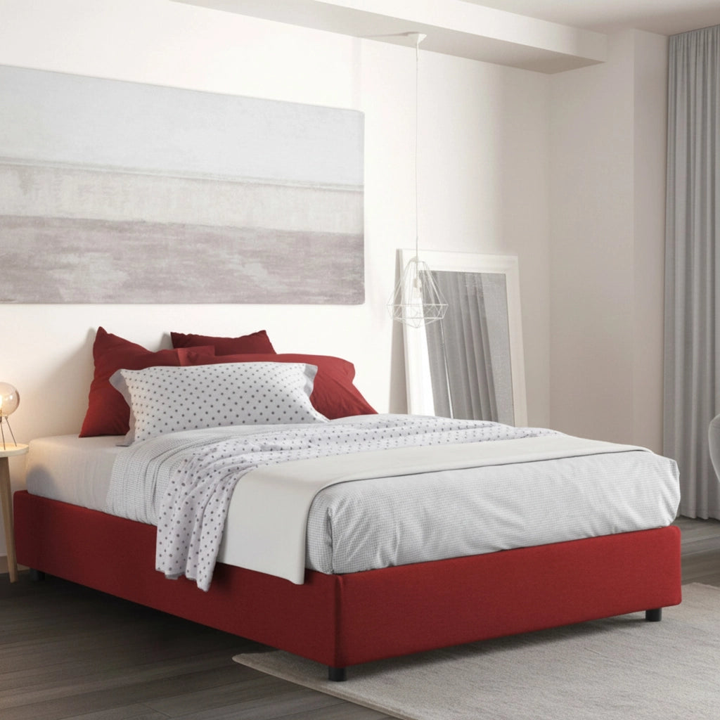Letto matrimoniale Alaksir, Letto contenitore con rivestimento in tessuto, Made in Italy, Apertura frontale, con materasso cm 140x200 incluso, Rosso