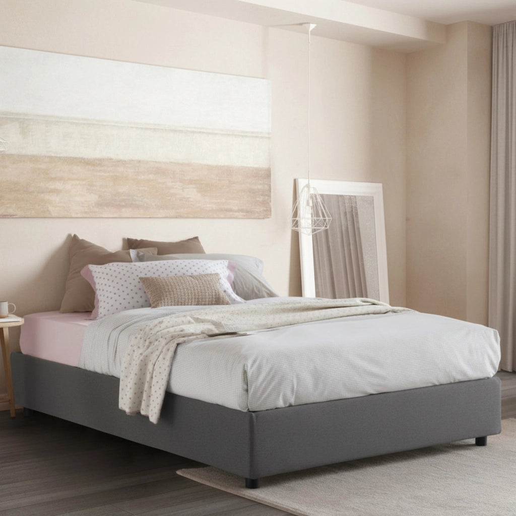 Letto matrimoniale Alaksir, Letto contenitore con rivestimento in tessuto, Made in Italy, Apertura frontale, con materasso cm 140x200 incluso, Grigio