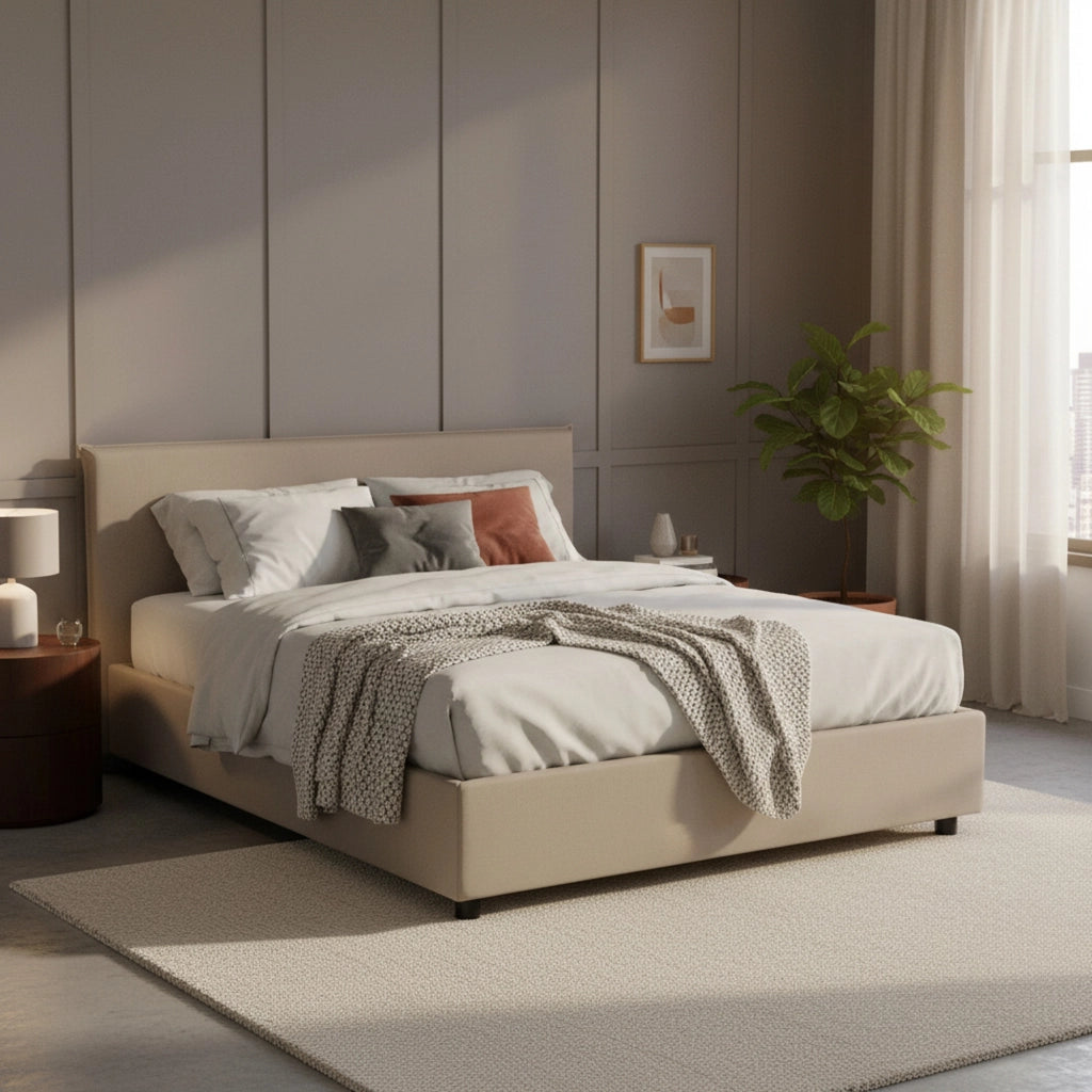 Letto matrimoniale Alion, Letto contenitore con rivestimento in tessuto, Made in Italy, Apertura frontale, con materasso cm 140x190 incluso, Tortora