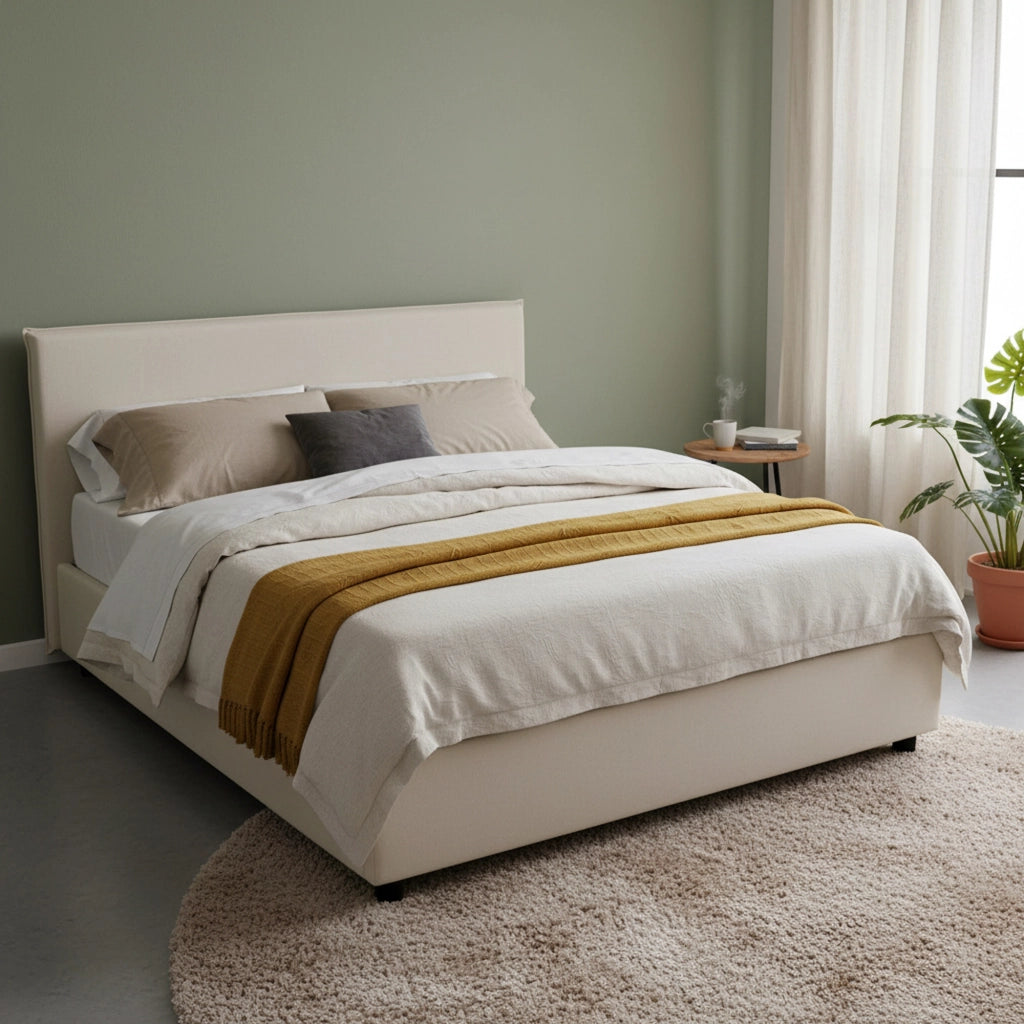 Letto matrimoniale Alion, Letto contenitore con rivestimento in tessuto, Made in Italy, Apertura frontale, con materasso cm 140x190 incluso, Beige