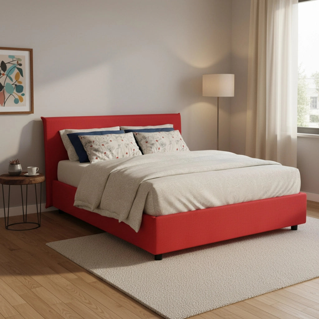 Letto matrimoniale Alion, Letto contenitore con rivestimento in tessuto, Made in Italy, Apertura frontale, con materasso cm 140x190 incluso, Rosso