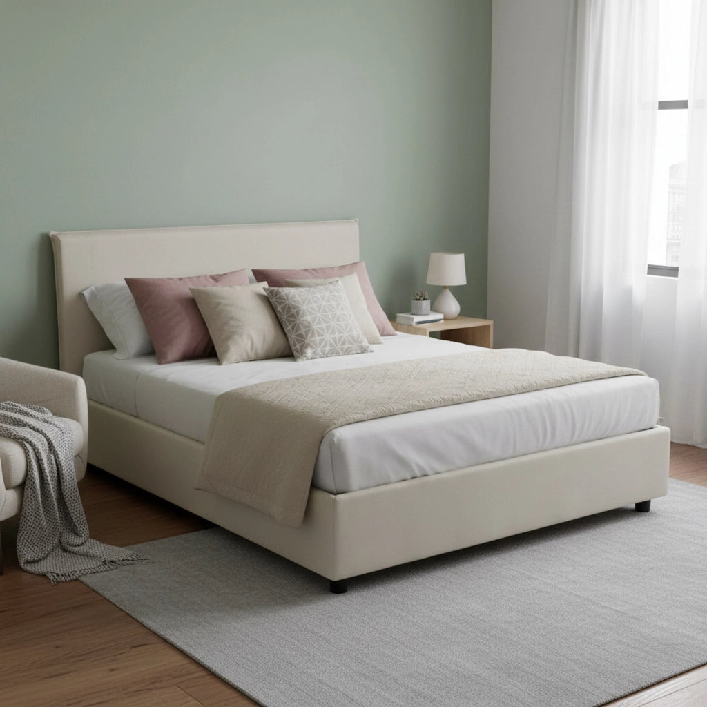 Letto matrimoniale Alvacus, Letto contenitore con rivestimento in tessuto, Made in Italy, Apertura frontale, adatto per materasso cm 140x200, Beige