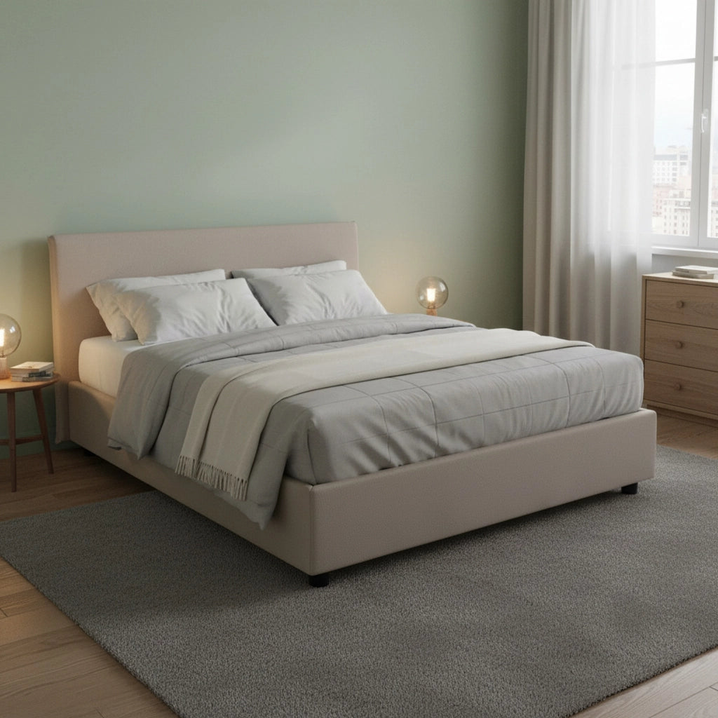 Letto matrimoniale Alvacus, Letto contenitore con rivestimento in tessuto, Made in Italy, Apertura frontale, adatto per materasso cm 140x200, Tortora