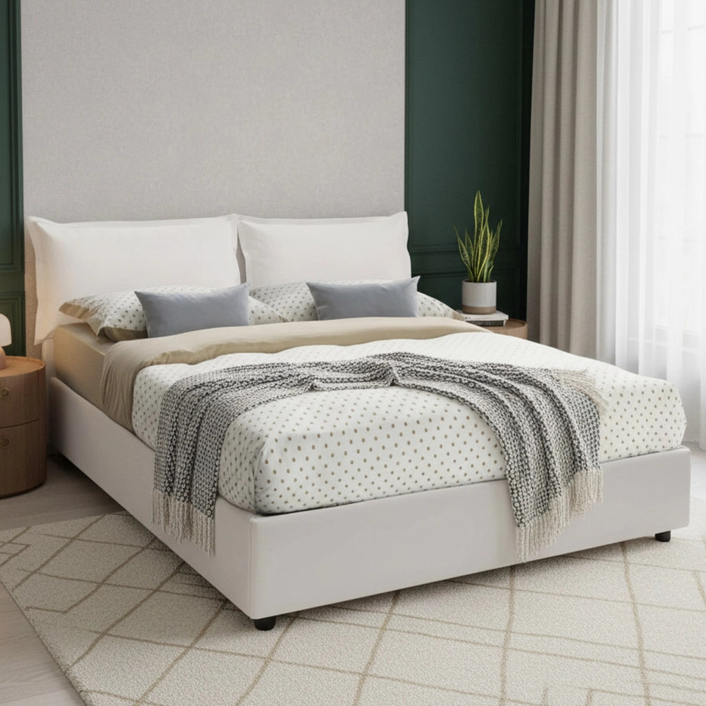 Letto matrimoniale Amelh, Letto contenitore con rivestimento in ecopelle, Made in Italy, Apertura frontale, adatto per materasso cm 140x190, Bianco