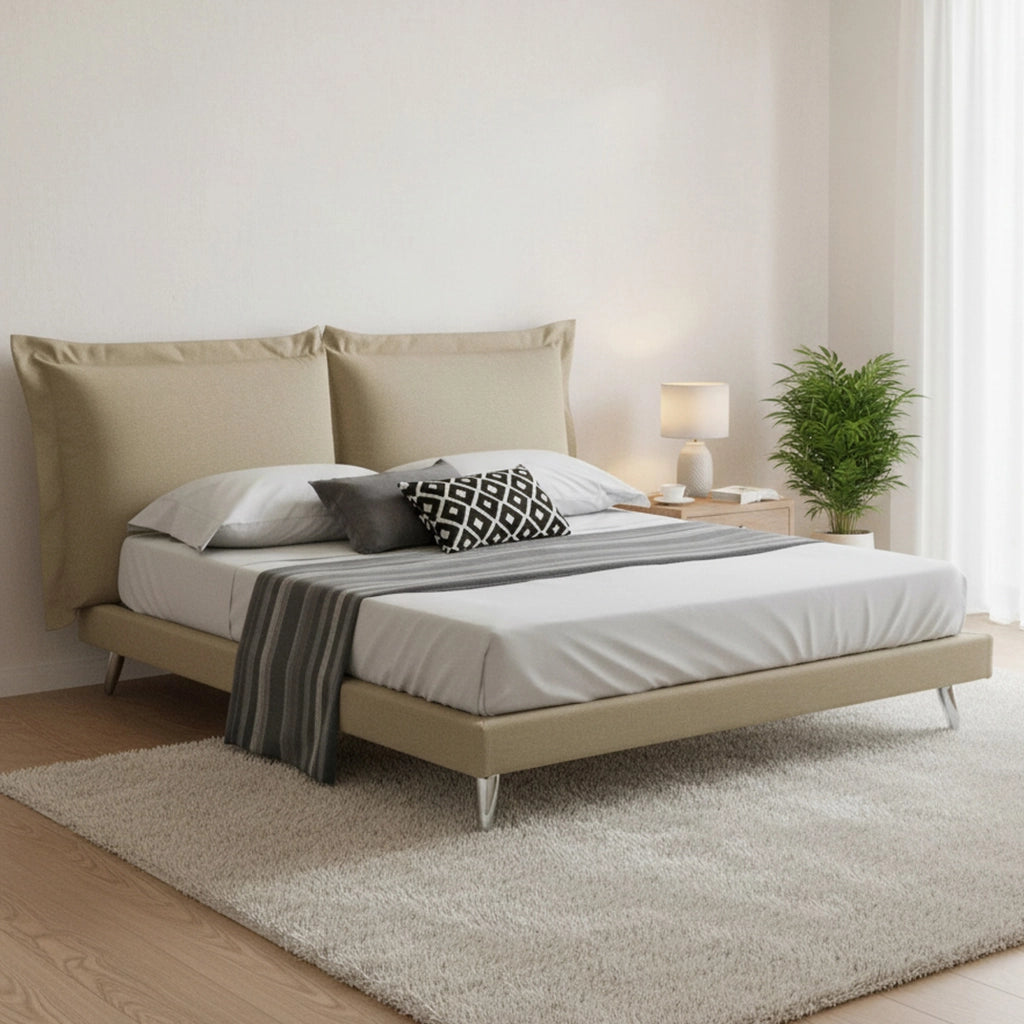 Letto matrimoniale Anatoly, Letto fisso in tessuto con piedini, Made in Italy, adatto per materasso 160x190 cm, Beige