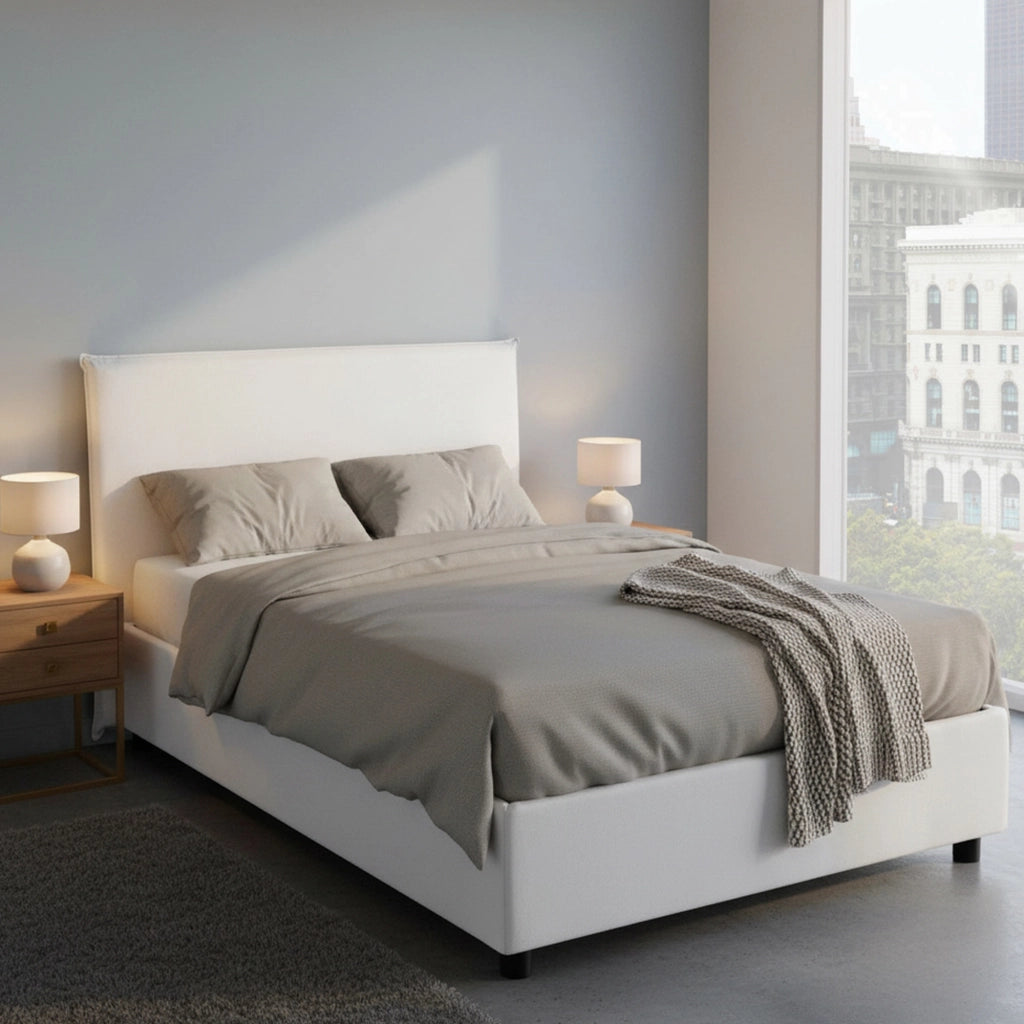 Letto matrimoniale Angelic, Letto contenitore con rivestimento in tessuto, Made in Italy, Apertura frontale, adatto per materasso cm 140x190, Bianco