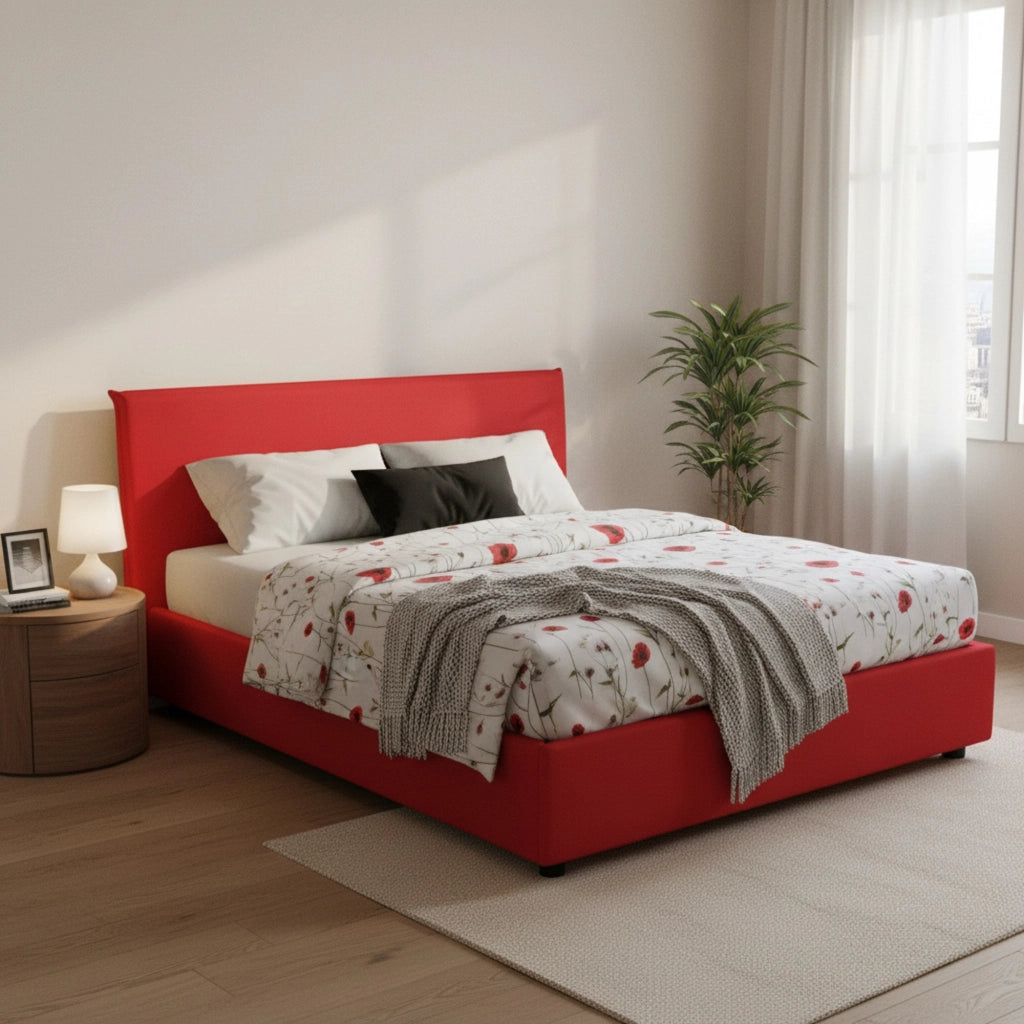 Letto matrimoniale Angelic, Letto contenitore con rivestimento in tessuto, Made in Italy, Apertura frontale, adatto per materasso cm 140x190, Rosso