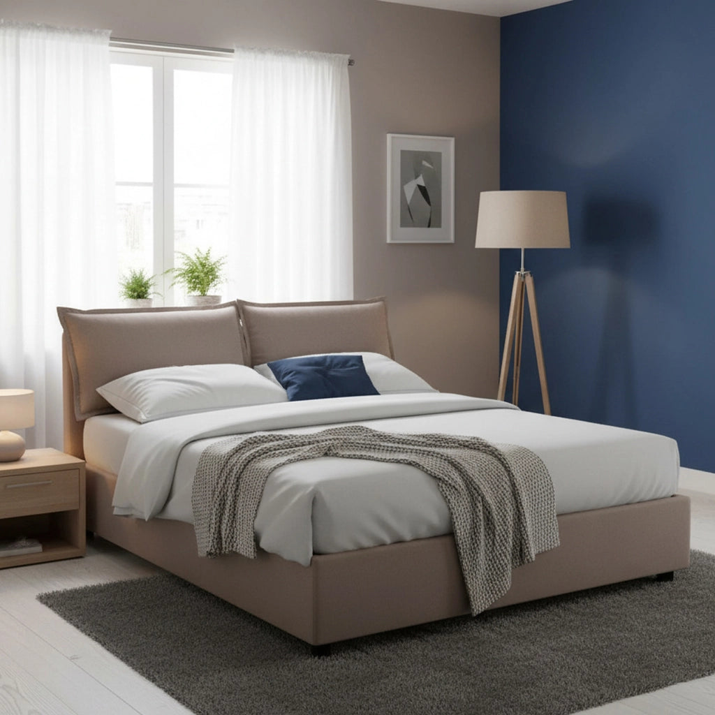 Letto matrimoniale Annica, Letto contenitore con rivestimento in tessuto, Made in Italy, Apertura frontale, con materasso cm 140x200 incluso, Tortora