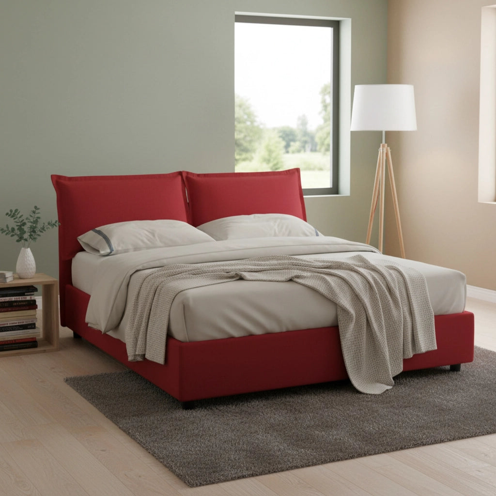Letto matrimoniale Annica, Letto contenitore con rivestimento in tessuto, Made in Italy, Apertura frontale, con materasso cm 140x200 incluso, Rosso