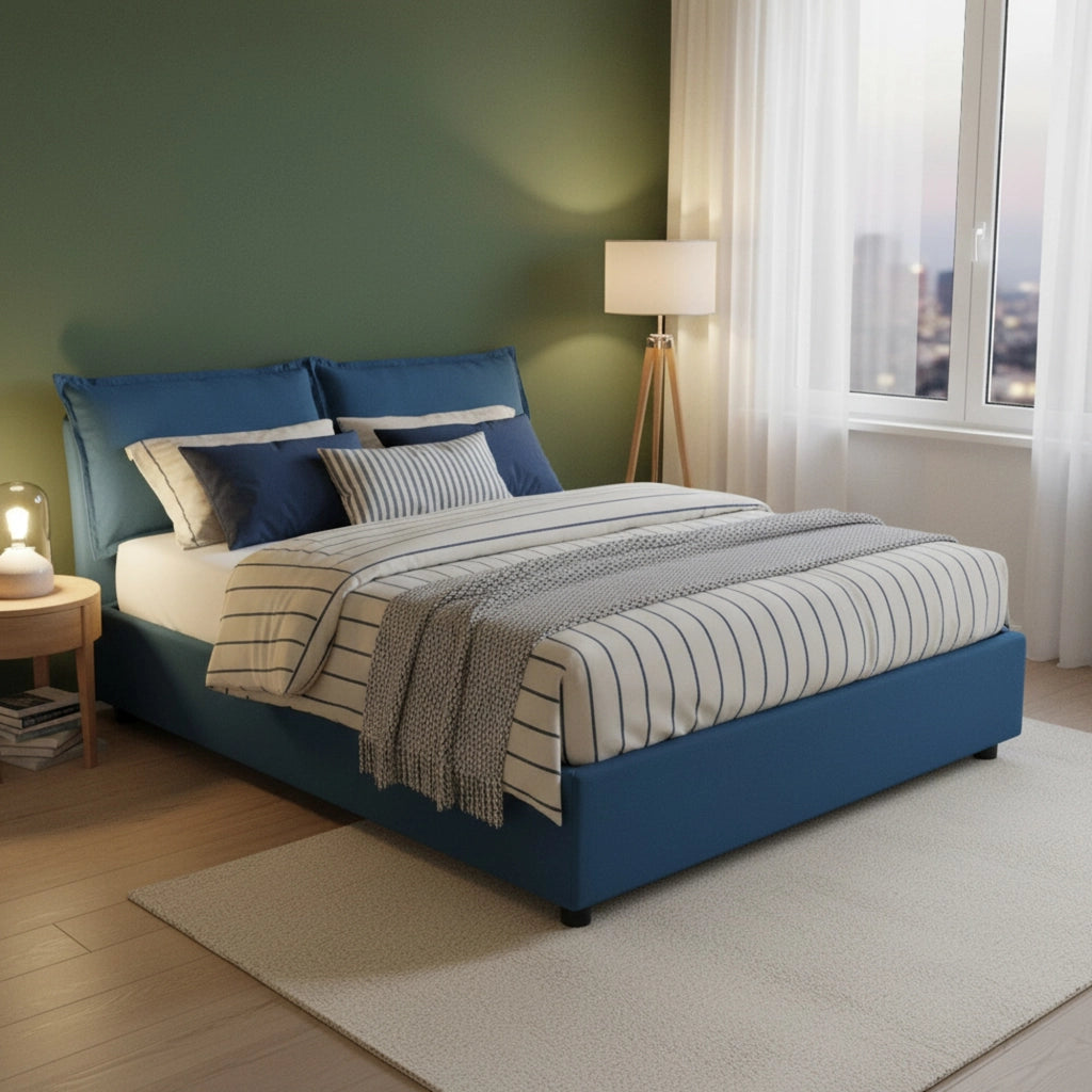 Letto matrimoniale Annica, Letto contenitore con rivestimento in tessuto, Made in Italy, Apertura frontale, con materasso cm 140x200 incluso, Blu