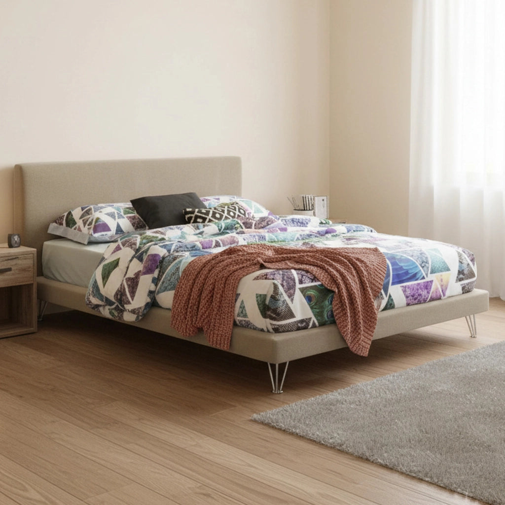 Letto matrimoniale Arbatrax, Letto fisso in tessuto con piedini, Made in Italy, adatto per materasso cm 160x190, Beige