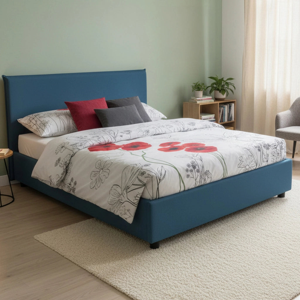 Letto matrimoniale Arcan, Letto contenitore con rivestimento in tessuto, Made in Italy, Apertura frontale, adatto per materasso cm 160x200, Blu