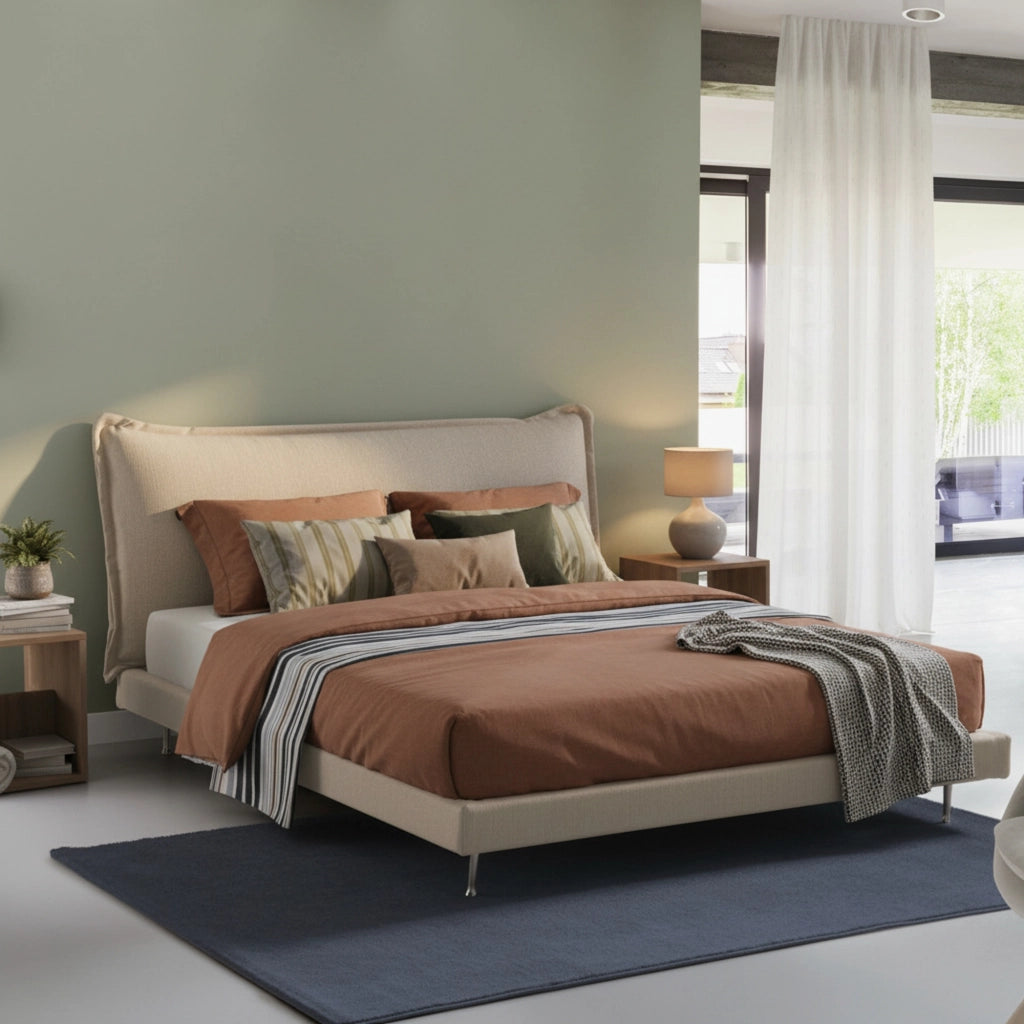 Letto matrimoniale Arcore, Letto fisso con rivestimento e testata in tessuto, Made in Italy, Apertura frontale, adatto per materasso 160x190 cm, Beige