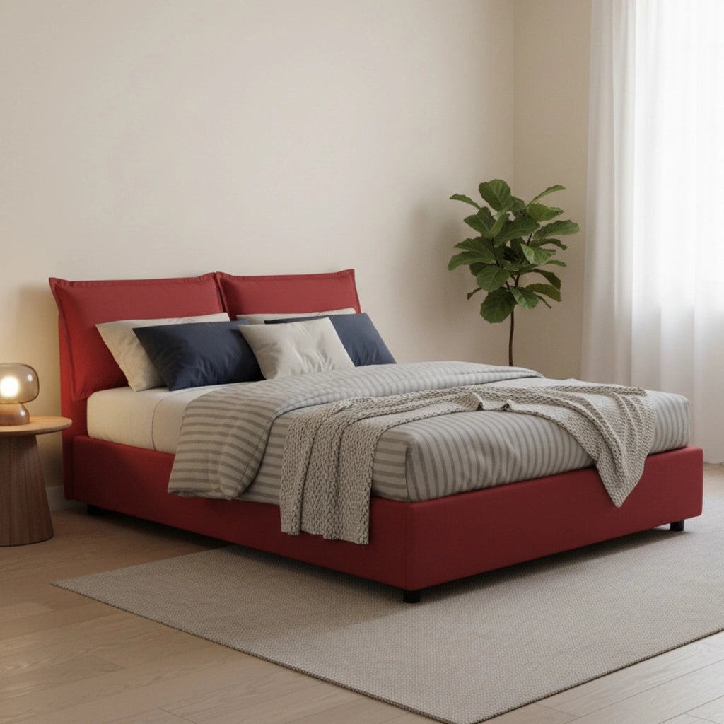 Letto matrimoniale Arden, Letto contenitore con rivestimento in tessuto, Made in Italy, Apertura frontale, con materasso cm 140x190 incluso, Rosso
