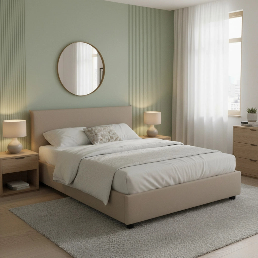 Letto matrimoniale Argain, Letto contenitore con rivestimento in ecopelle, Made in Italy, Apertura frontale, con materasso cm 140x190 incluso, Tortora