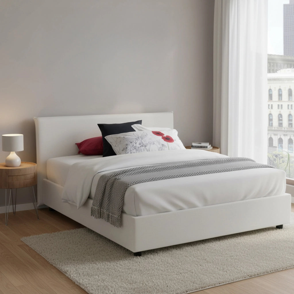 Letto matrimoniale Argain, Letto contenitore con rivestimento in ecopelle, Made in Italy, Apertura frontale, con materasso cm 140x190 incluso, Bianco