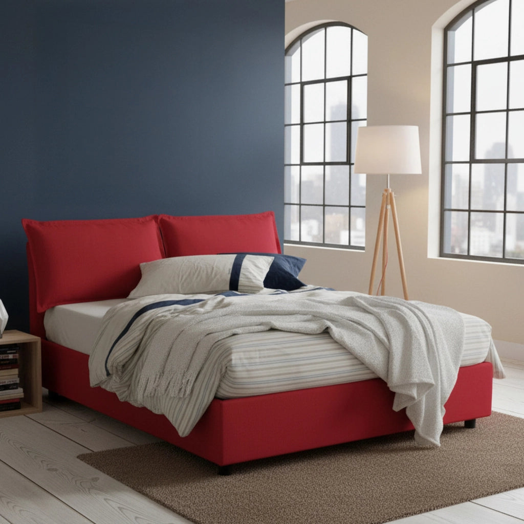 Letto matrimoniale Aris, Letto contenitore con rivestimento in tessuto, Made in Italy, Apertura frontale, adatto per materasso cm 160x200, Rosso