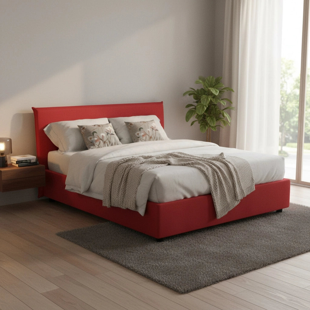 Letto matrimoniale Aros, Letto contenitore con rivestimento in tessuto, Made in Italy, Apertura frontale, con materasso cm 140x200 incluso, Rosso